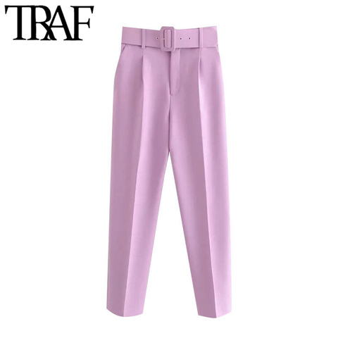 TRAF-Pantalones con cinturón y bolsillos laterales para Mujer, ropa de oficina Vintage de cintura alta con cremallera, tobilleros ► Foto 1/6