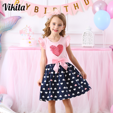 VIKITA-vestido de verano para niños, algodón, lentejuelas, corazón, mariposa, dibujos animados ► Foto 1/6