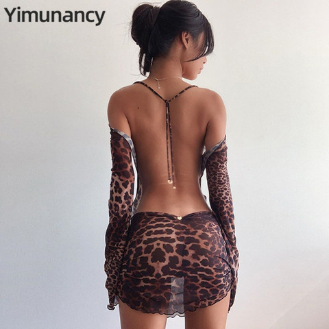 Yimunancy-vestido con estampado de leopardo y espalda descubierta para mujer, vestido Sexy de malla de manga larga con cuello Halter, vestido transparente para discoteca 2022 ► Foto 1/6