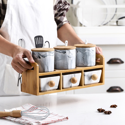 Estilo simple tazón de azúcar casa cocina Ceramica condimento de sal olla frascos de marco de madera se puede colgar en la pared ► Foto 1/6