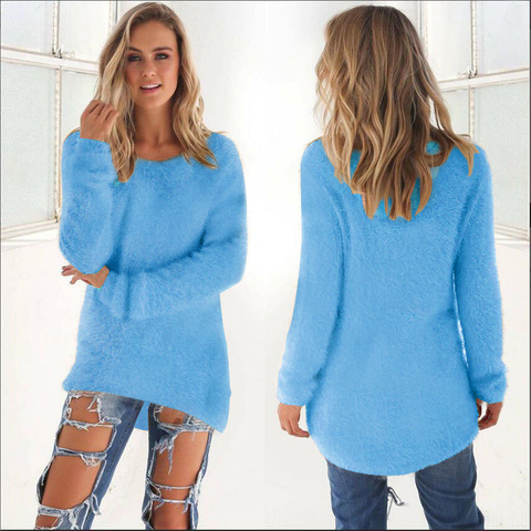 Otoño Invierno de las mujeres cuello Jersey peludo mujer de cobertura suelto Jersey Casual suéteres sólidos envío caída al por mayor ► Foto 1/6