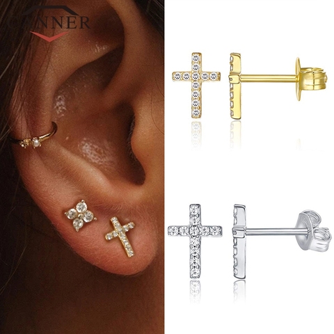 Pendientes minimalistas de Plata de Ley 925 con circonita cúbica para mujer, joyería sencilla geométrica cruzada, pendientes de plata y oro ► Foto 1/6