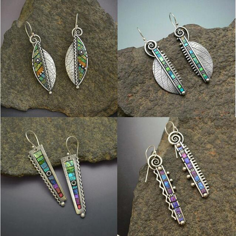 Pendientes colgantes de hoja verde bohemios para mujer, aretes étnicos abstractos Vintage de Color plateado, Pendientes de gota india, aretes 2022 ► Foto 1/5