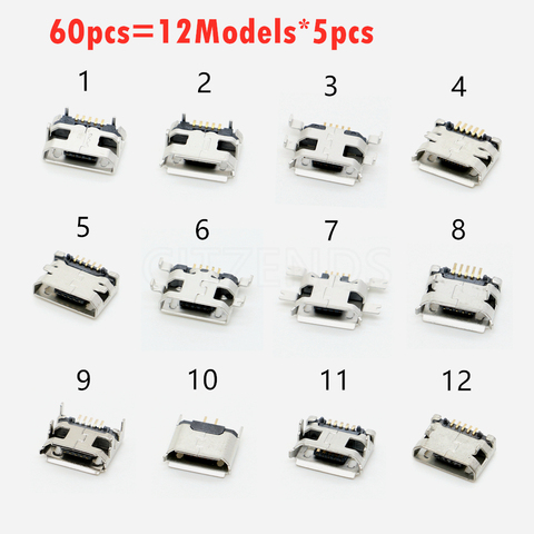 Conector Micro USB de 12 modelos, conector hembra de 5 pines para MP3/4/5, Huawei, Lenovo, Meizu, ZTE y otros tabletos móviles, 60 uds. ► Foto 1/3