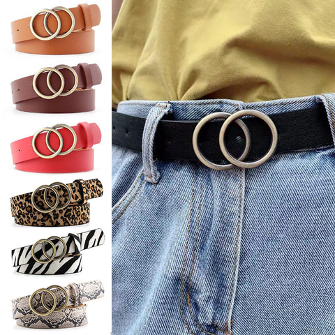 Cinturones de moda para mujeres, cinturón de cuero sintético suave con doble hebilla de anillo, Vintage, decorativo, informal, ajustado, largo, combina con todo ► Foto 1/6