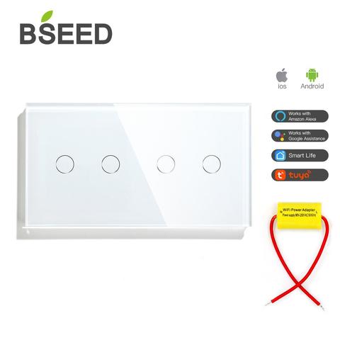 BSEED-interruptores de pared con WIFI, pulsador táctil de 4 entradas, sin cable neutro, de un solo cable, con luz de fondo azul, para Google Alexa ► Foto 1/6