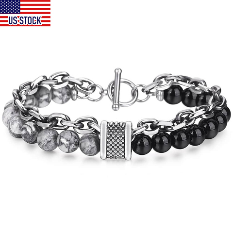 Davieslee-pulsera de cristal con piedra de mapa para hombre, brazalete de acero inoxidable, color negro metálico, dmb33 ► Foto 1/6