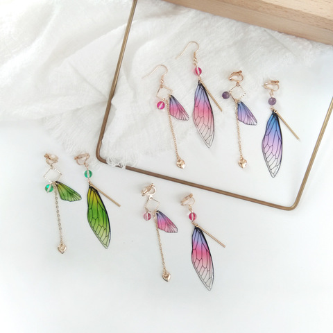 Pendientes largos de hada y mariposa con alas, joyería nupcial romántica asimétrica de Color degradado de ensueño ► Foto 1/6