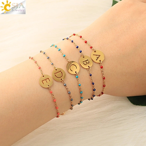 CSJA-Pulsera de acero inoxidable para mujer, brazalete con cuentas de Color dorado, con letras iniciales, joyería delicada, S691 ► Foto 1/6