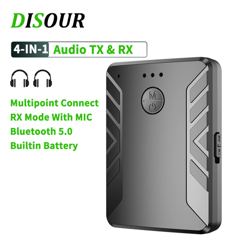 Receptor y transmisor de Audio multipunto, adaptador inalámbrico estéreo con micrófono, Bluetooth 5,0, 4 en 1, para TV, PC, conectar 2 auriculares de 3,5mm ► Foto 1/6