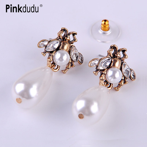 Pinkdudu blanco de imitación de cristal pendientes colgantes de perlas Vintage lágrima clásico abeja pendientes para las mujeres joyería de traje de OG148 ► Foto 1/6