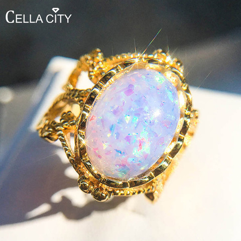 Cellacity-Anillo de ópalo ovalado para mujer, joyería Vintage de plata 925, piedras preciosas, blanco, rosa, azul, dorado, accesorio de fiesta, venta al por mayor ► Foto 1/6