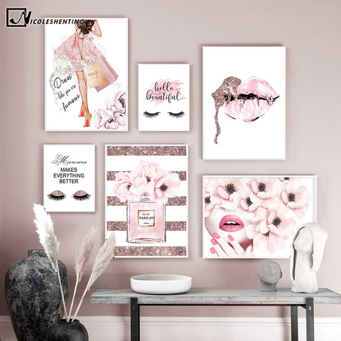 Póster decorativo con imagen para pared, cuadro de moda para decoración del hogar de chicas, motivos de perfumes, flores rosas, maquillaje, labios femeninos o pestañas, lienzo impreso moderno ► Foto 1/6