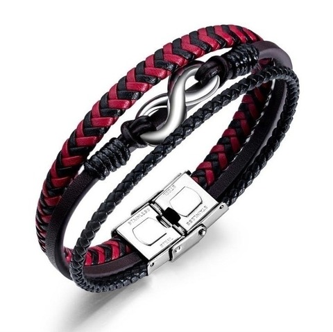 Pulsera de cuero de acero inoxidable para hombre, brazalete de cuero Intercolor rojo y negro, joyería ► Foto 1/6