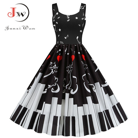 Vestido de fiesta con estampado de notas musicales para mujer, Sexy, con tirantes finos, negro, ajustado, Vintage, de talla grande, San Valentín ► Foto 1/6