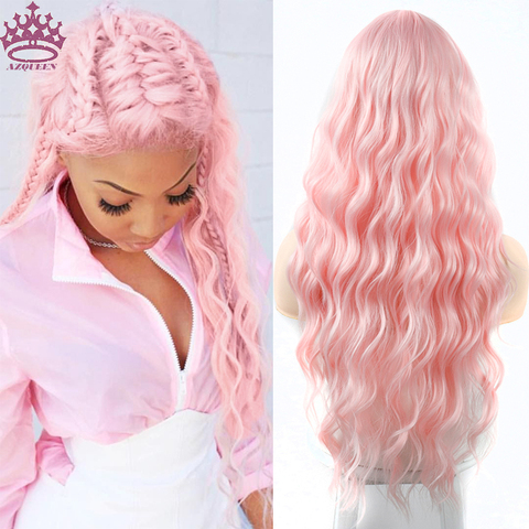 AZQUEEN-pelucas de pelo Rosa largo para mujer, pelo sintético resistente al calor, con ondas al agua, parte media, Natural ► Foto 1/5