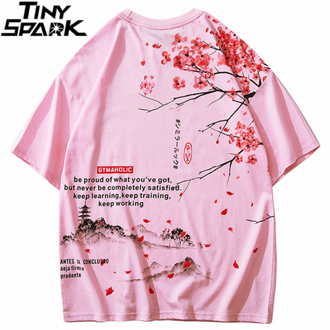 Camiseta de Hip-Hop para hombre, ropa de calle japonesa Sakura, camiseta para pintura de manga corta de algodón, Harajuku, estilo japonés, rosa, 2022 ► Foto 1/6