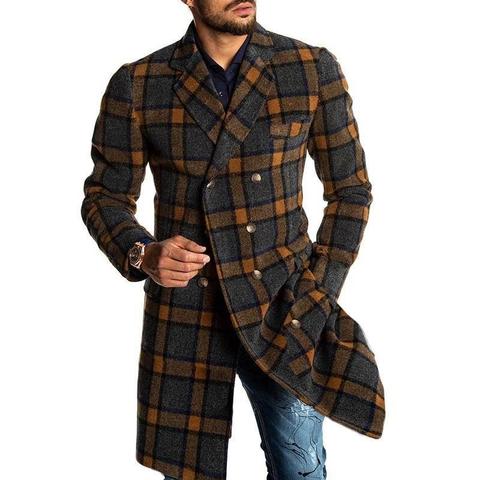 Abrigo de lana de talla grande para hombre, cortavientos largo de cuadros marrón, abrigo cálido de un solo pecho, en Stock, gran oferta ► Foto 1/6