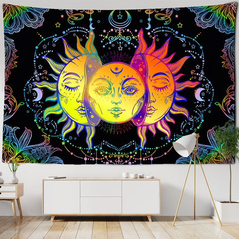 Tapiz de Mandala de Luna y sol de colores, tapiz colgante de pared Celestial, alfombras de pared Hippie, decoración de pared para dormitorio, color blanco y negro ► Foto 1/6