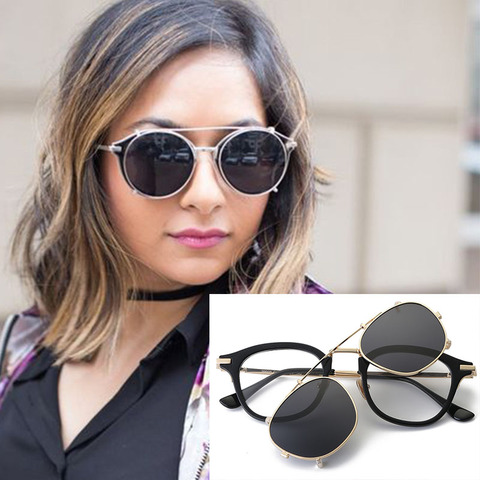 Gafas De Sol negras 2 en 1 para hombre y mujer, lentes De Sol unisex, Estilo Vintage Punk, con espejo, diseño De marca, con Clip ► Foto 1/6