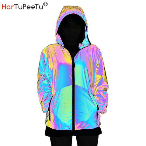 Las mujeres otoño con capucha chaqueta reflectante Arco Iris capa Hip Hop Rap baile de talla grande de la cremallera de las niñas desgaste seguro Dropshipping. Exclusivo. ► Foto 1/6