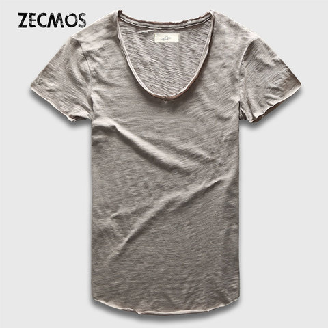 Zecmos moda hombres camiseta con V Masajeadores de cuello T Camisas para hombres lujo algodón liso sólido curvado hem Top Camisetas Tees manga corta ► Foto 1/6