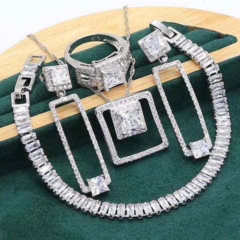 Conjunto de joyas de plata 925 de circón blanco para mujer, pulsera, pendientes largos, collar, colgante, anillo ► Foto 1/6