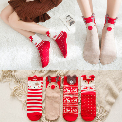 Calcetines de algodón con dibujos animados de Navidad para mujer, calcetín de estilo japonés, escarlata, tridimensional, 4 pares ► Foto 1/6