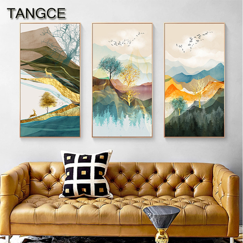 Pintura abstracta en lienzo para decoración del hogar, imagen de paisaje para pared, póster dorado, para sala de estar, dormitorio, carteles escandinavos ► Foto 1/6