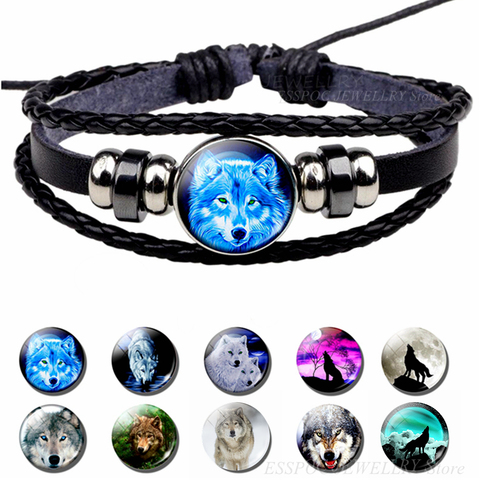 Pulsera de Lobo Blanco y luna llena para hombre y mujer, joyería cabujón de cristal, Punk, de cuero, Animal negro, regalo ► Foto 1/6