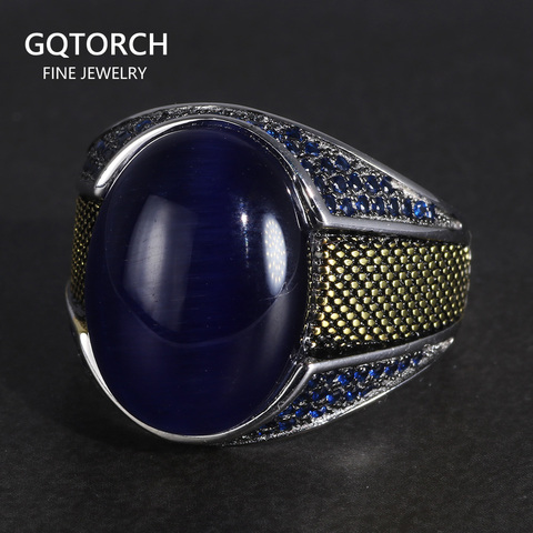 Anillos de plata auténtica para hombre, anillos de plata S925 con piedra de Ojos de tigre azul Natural, joyería de plata 925 ► Foto 1/6