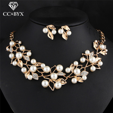 CC-Conjunto de collar y pendientes de gota con perlas de imitación, conjunto de joyería de moda, regalo fino, boda, elegante, forma de hoja de cristal, YH162, 2 uds. ► Foto 1/1