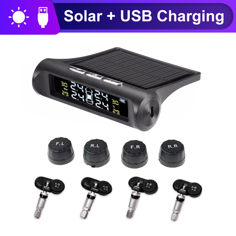 Solar TPMS con alarma de presión de neumático de coche sistema de Monitor 4 Sensor externo LCD Digital en tiempo Real de sistemas de alarma de seguridad de coche ► Foto 1/6