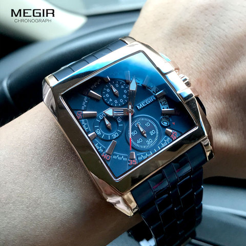 MEGIR-relojes de acero inoxidable para hombre, pulsera de lujo, azul, rosa, dorado, resistente al agua, luminoso, militar, deportivo ► Foto 1/6