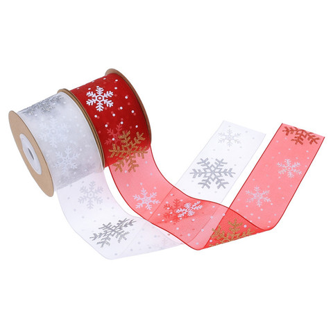 Cinta de Organza con estampado de copos de nieve para Navidad, caja de regalo artesanal, ramo, suministros de decoración para fiesta, 10 yardas/rollo, 38mm ► Foto 1/5