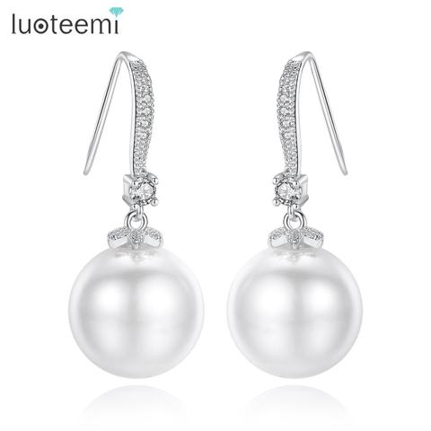 LUOTEEMI-pendientes de gota de perla blanca de imitación para mujer, joyería de circonia cúbica redonda para mujer, estilo elegante, bisutería de la vida diaria ► Foto 1/6