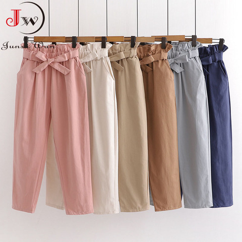 Pantalones bombachos informales de cintura alta para niñas, pantalón largo de algodón liso elástico con cinturón de lazo de verano y primavera, 2022 ► Foto 1/6