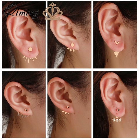 QIMING Vintage elegante Pendientes de espalda Cierre de doble cara Pendientes para las mujeres Pendientes que asoman por debajo de la oreja Piercing joyería Pendientes de botón Pendientes ► Foto 1/6