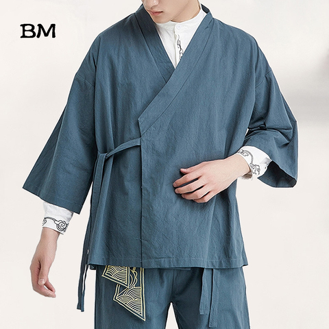 2022 Summer Chinese Style Linen Jacket Hanfu Men Costume Suit Loose Large Size Cotton Linen Retro Style Tang Suit Robe Male ► Foto 1/5