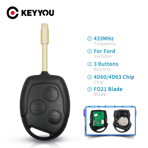 KEYYOU-mando a distancia para coche, llave de 3 botones de 433Mhz para Ford Focus Fusion Mondeo Fiesta Galaxy 4D60/4D63 Chip con hoja de FO21 ► Foto 1/6