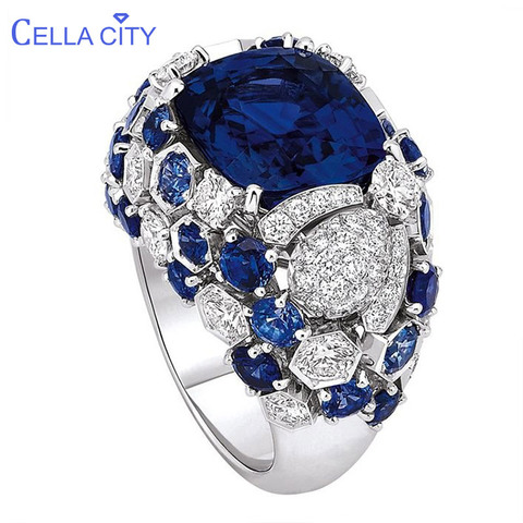 Cellacity clásico anillo de plata 925 para el encanto de las mujeres con azul Oval piedras preciosas de zafiro Fingle bien joyería venta al por mayor tamaño 6-10 ► Foto 1/6