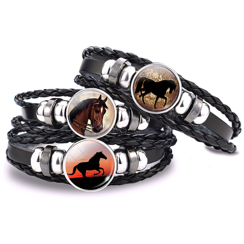 Pulsera de Caballo loco para hombre y mujer, brazalete de cuero negro Punk, botón de cristal, accesorios Unisex, regalo para amantes de los animales ► Foto 1/6