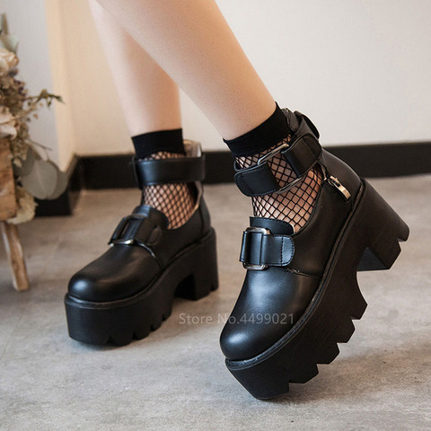 Lolita-zapatos Mary Jane de punta redonda Gótica para chica universitaria japonesa, uniforme de hermana suave JK, zapatos negros de plataforma de cuero PU Harajuku ► Foto 1/6