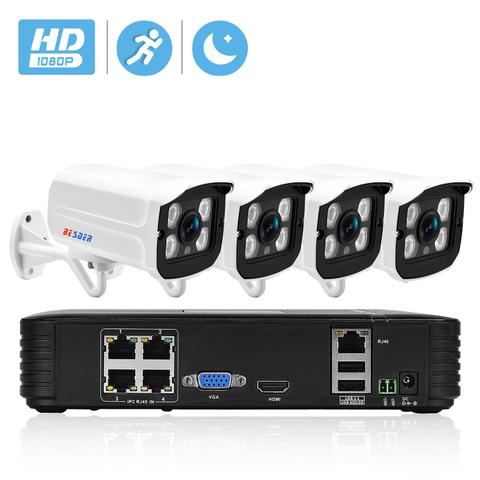 BESDER Full HD 1080P 4 canales CCTV sistema 4 Uds 2MP de Metal cámara IP al aire libre 4CH 1080P POE 15V NVR CCTV Kit HDMI P2P correo electrónico de alarma ► Foto 1/6