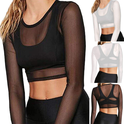 Camisetas transparentes de malla con cuello redondo para mujer, ropa de manga larga transparente, Top corto, 2022 ► Foto 1/6