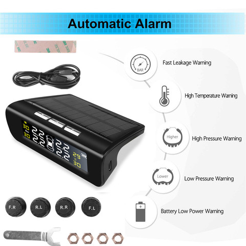 Sistema Universal de control de presión de neumáticos de coche 4 neumáticos sensores externos medidor de presión de rueda automática probador de alarma de seguridad bar psi ► Foto 1/6