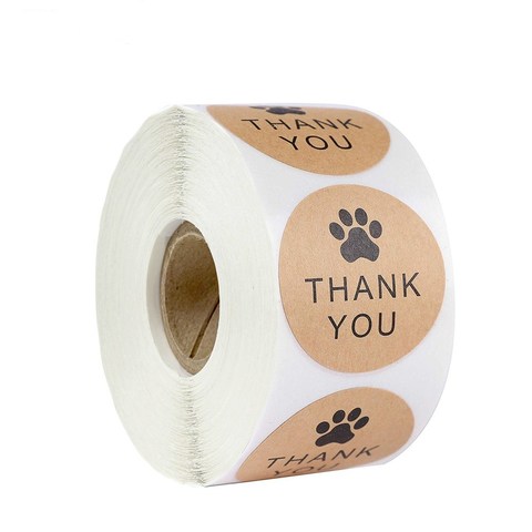 Sello de pegatinas de agradecimiento, Papel Kraft Natural, Impresión de pata de perro, 1 pulgada, embalaje de regalo, adhesivo de papelería, 500 etiquetas por rollo ► Foto 1/6