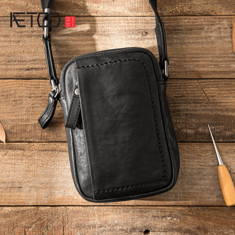 AETOO-mini bolso de cuero para hombre, bolsa inclinada hecha a mano con cabeza de piel, bolso de hombro de tendencia ► Foto 1/6