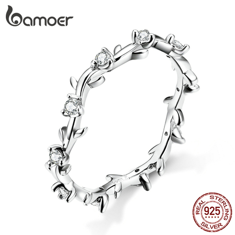 Bamoer-anillos de dedo apilables para mujer, de Plata de Ley 925, anillo de rama de flor y vid, CZ, joyería con estilo para mujer SCR625 ► Foto 1/6