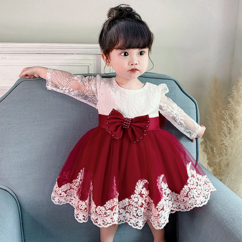 Vestido de bebé niña con cuentas de invierno, lazo grande, vestidos de flores de bautismo para niña, 1 año de encaje para fiesta de cumpleaños, ropa de boda para bebé de 24M ► Foto 1/6